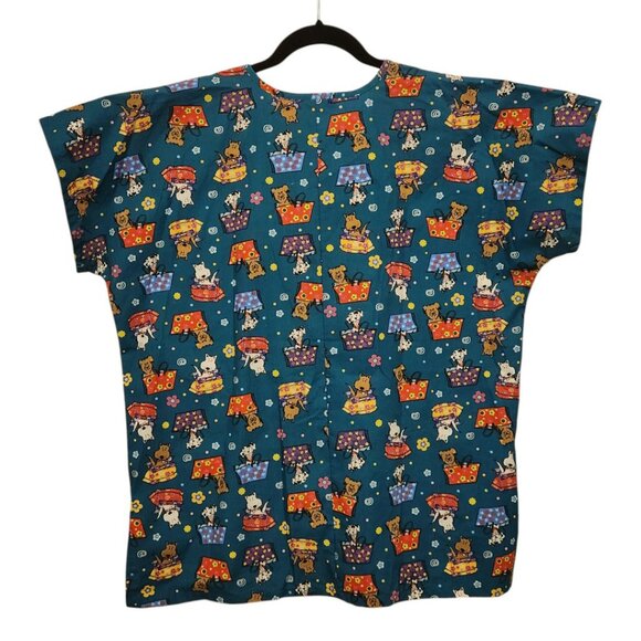 MHD Scrubs Teal Dog Floral Print Scrubs Top Size M 10/12 - Picture 5 of 5